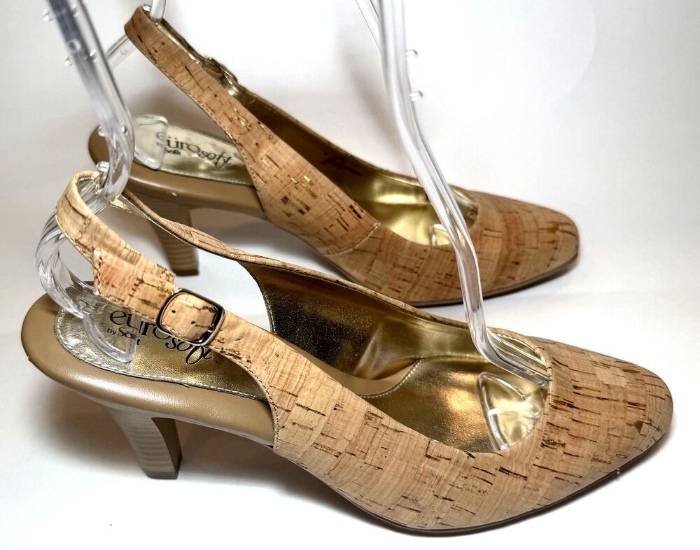 Eurosoft by Sofft Gale Cork Gold Fleck Peep Toe Slingback Heels 9M
